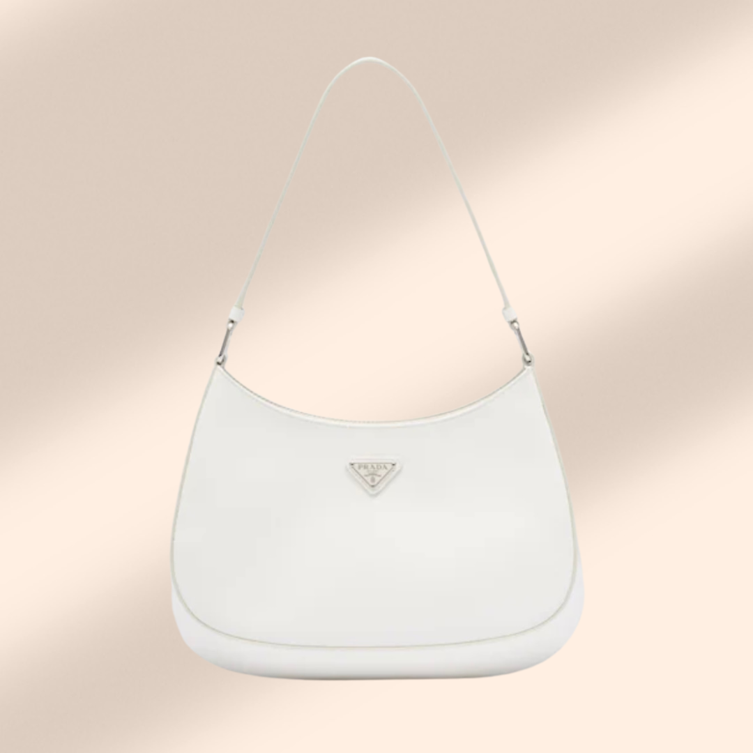 Prada Cleo Brushed Leather Shoulder Bag in White Designer Handbag Hire DHH